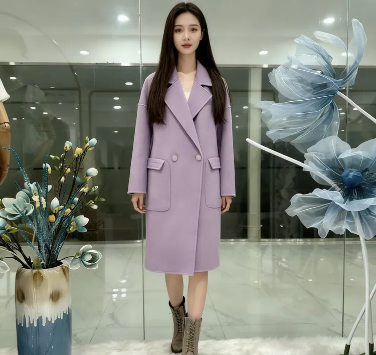 A1593秋冬时尚中长女百搭毛呢外套韩版大衣女装外套气质双面呢