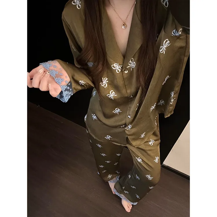 法式冰丝睡衣女新款长袖长裤春秋季家居服套装
