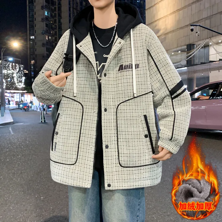 2025秋冬加绒加厚外套男青少年休闲百搭潮流宽松学生连帽休闲夹克