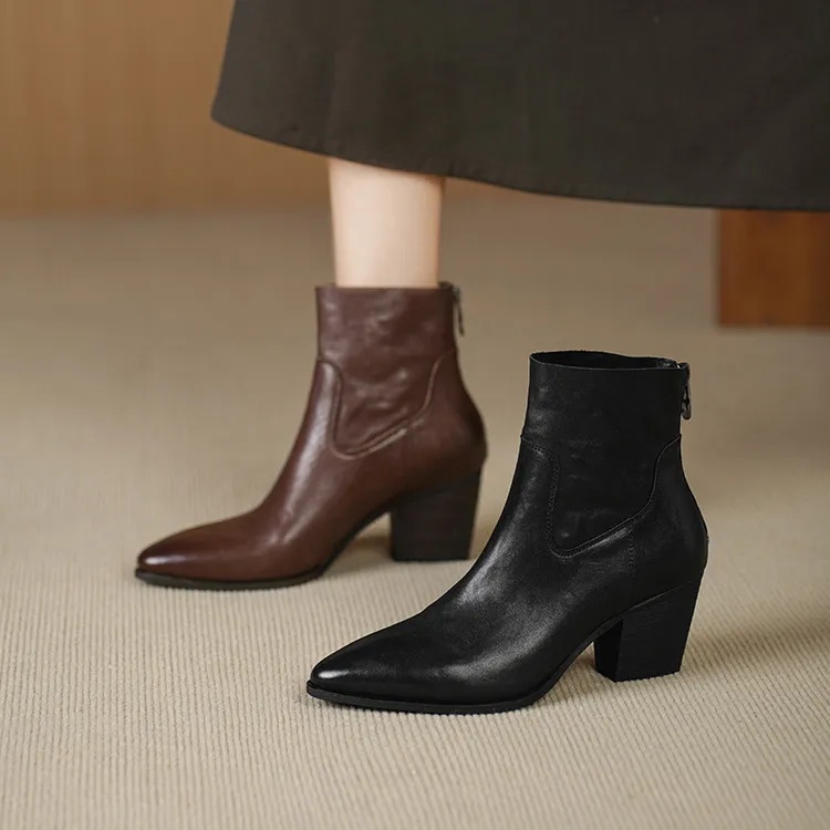 柔软水洗牛皮~6cm尖头短靴女百搭高跟瘦瘦靴美拉德靴子真皮马丁靴