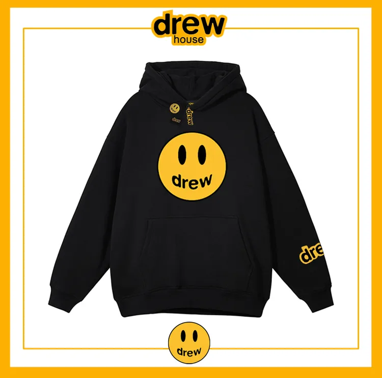 DREW潮牌笑脸爆款男女同款情侣款黑色美式连帽卫衣印花加厚秋冬