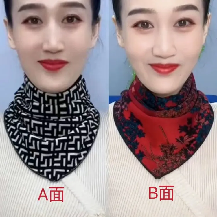 【澳绒棉双面双花三角巾】菲灵同款围脖护颈保暖按扣围巾洋气新款