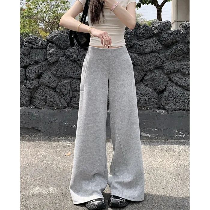 时尚低腰运动休闲裤女夏季灰色卫裤宽松垂感微喇叭拖地裤百搭长裤