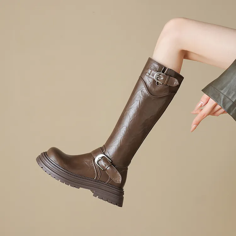 女靴大筒围胖mm40-43厚底骑士靴女2025冬季新款复古长筒靴时装靴