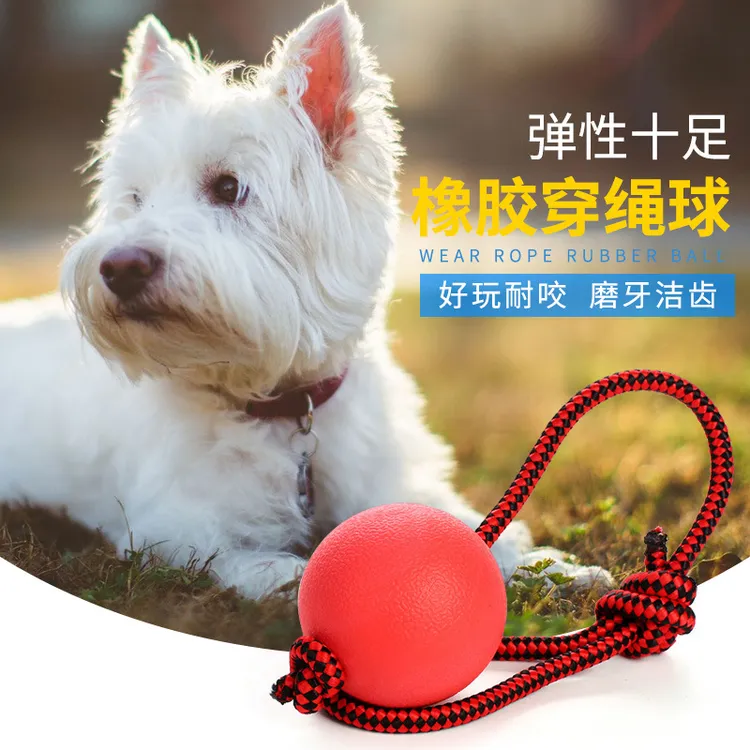 宠物玩具实心球带绳橡胶棉绳手提狗狗训导啃咬耐咬球实心弹力球