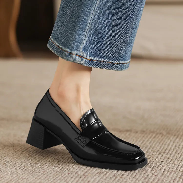 修悦~5cm英伦风方头乐福鞋女真皮粗跟小皮鞋2026春季百搭懒人单鞋