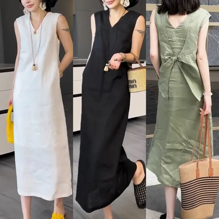 夏季新款薄款轻奢时尚蝴蝶结连衣裙棉麻宽松显瘦洋气减龄裙子