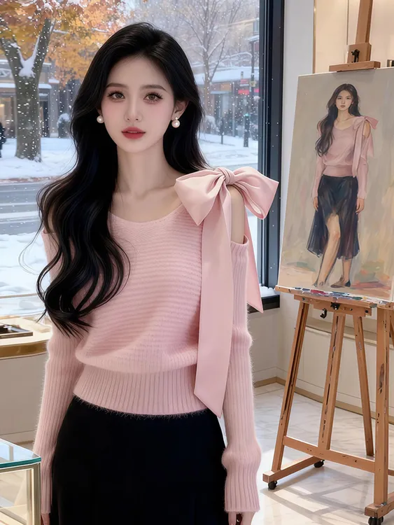 秋季小众蝴蝶结上衣高级感超好看软糯别致独特粉色针织衫毛衣