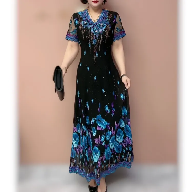 夏季新款中年妈妈装连衣裙高端高贵印花烫钻时尚气质优雅长款裙子