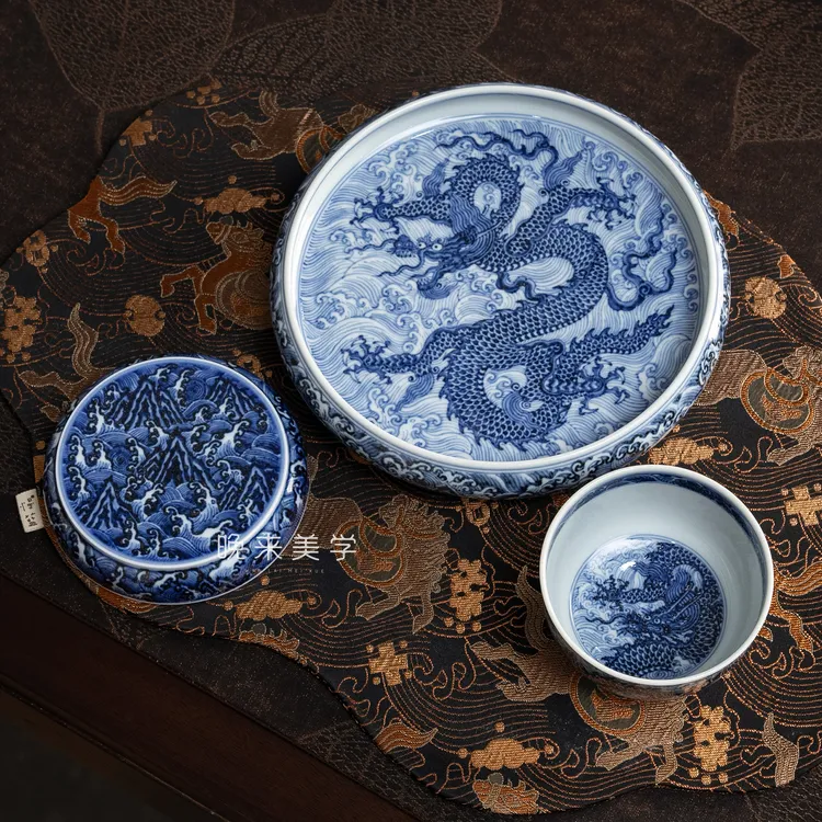 松风馆仿明青花海水龙纹主人杯壶承景德镇纯手工手绘高端茶器茶杯