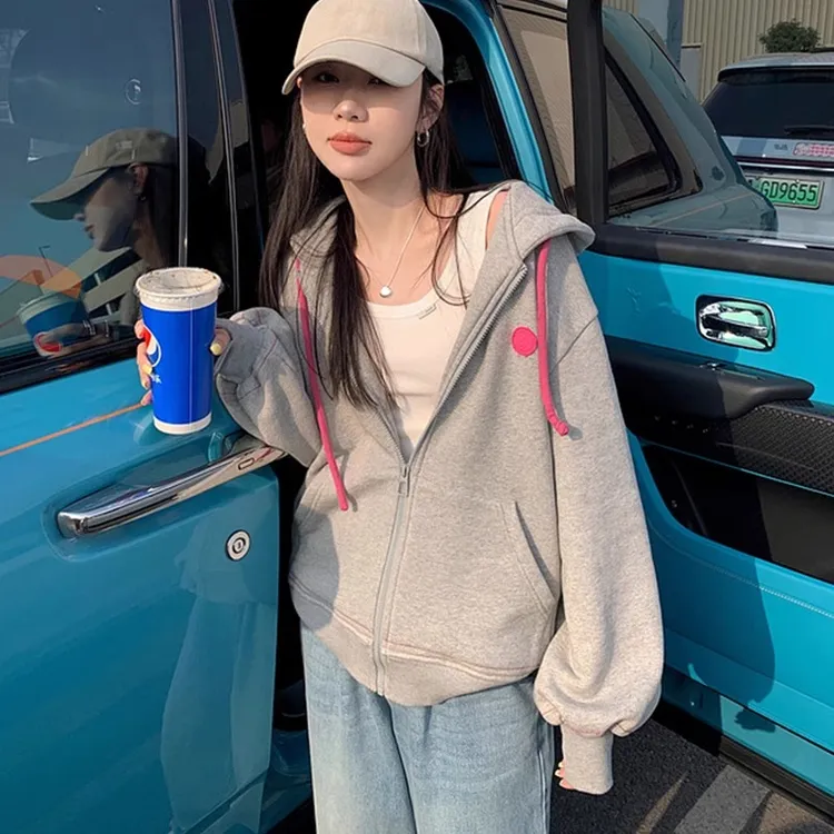 灰色连帽卫衣开衫外套女春秋宽松慵懒风2025新款爆款长袖韩系上衣