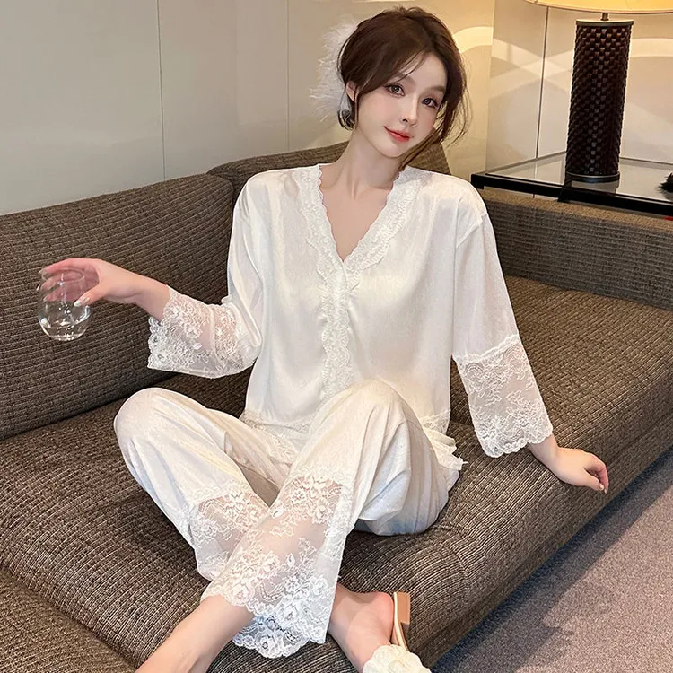 【新疆包邮乌市直发】蕾丝花边睡衣女春秋季冰丝凉感夏天可爱卡通