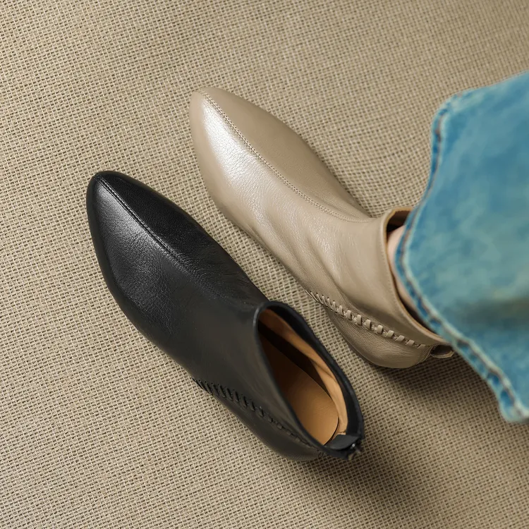 4CM-头层羊皮粗跟高跟马丁靴透气短靴新款瘦法式女士羊皮方头粗跟