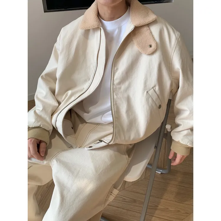 dannyandzee冬季重磅做旧胚布色复古米白帆布毛绒工装棉衣外套869