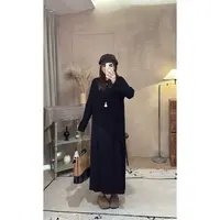 晶咕佳佳【琴法手则】下摆斜边拼接捏褶圆领连衣长裙长袖假两件长裙