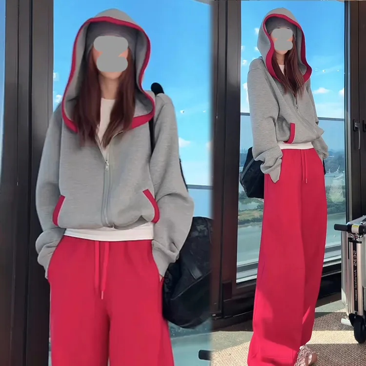 老钱风松驰感套装女2025年春秋新款撞色连帽卫衣外套休闲裤两件套