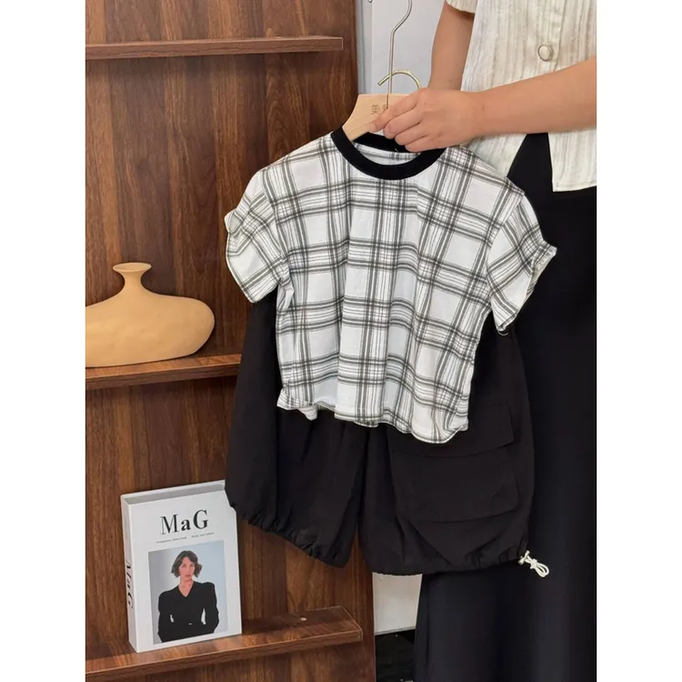 《夏上新》森系格纹圆领短袖T夏季25XL1019透气男童女童儿童撞色领