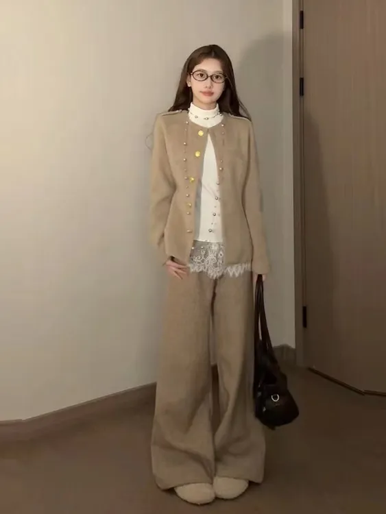 秋季港式复古通勤风套装蕾丝内搭毛呢外套纯色直筒裤三件套574269