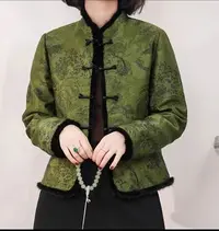 【松绿软烟】加棉新中式立体山水画万针提花正肩显瘦加厚棉服外套