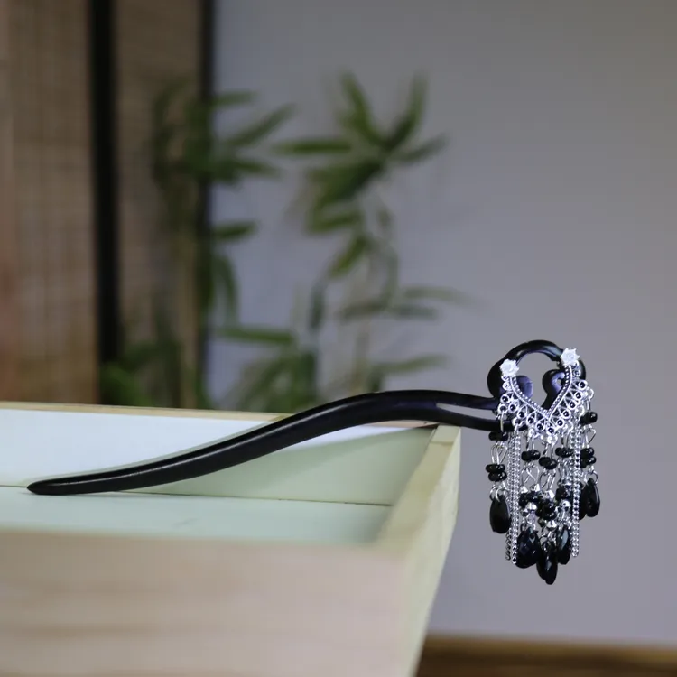 （双面）发簪黑檀木【瑶月】精致仙气流苏步摇日常木簪子盘发长款短款