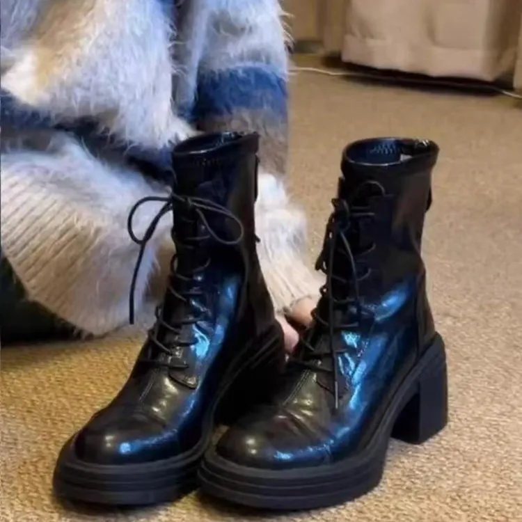 美拉德鞋子女款爆款2025新款质百搭真皮瘦瘦靴覆古后拉炼增高短靴