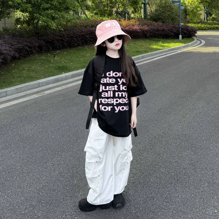 女童套装夏季2025新款中大童炸街阔腿裤休闲时尚短袖工装裤两件套