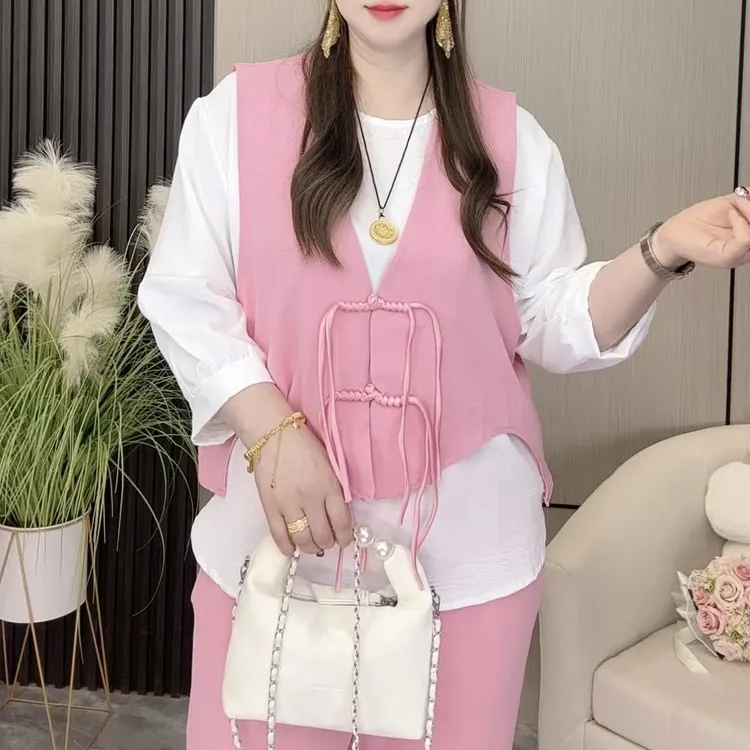 2025时尚大码洋气休闲減龄国风马甲三件套马甲＋上衣+裤子