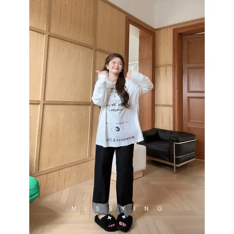 应小姐【洛克之路】微胖大码韩系休闲风显瘦百搭阔腿高腰直筒牛仔裤