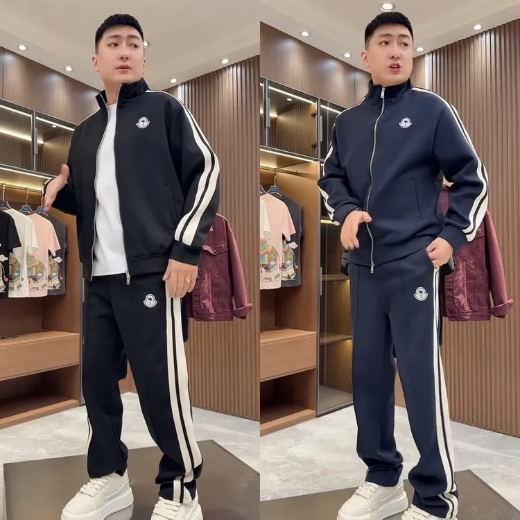 春季新款时尚条纹休闲套装男潮牌宽松外套长裤痞帅青年立领两件套
