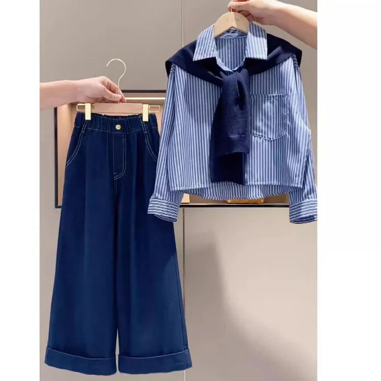 女童条纹衬衫中大童套装春秋装新款儿童春款上衣牛仔裤韩系潮