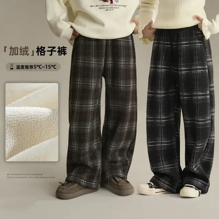 格子加绒裤子秋冬季潮流宽松百搭休闲裤运动25年款