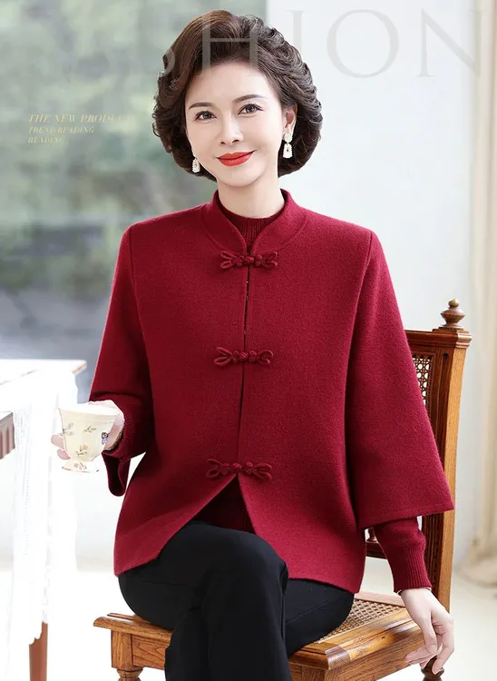 新中式妈妈秋冬针织上衣喜婆婆婚宴礼服两件套中老年国风毛衣外套