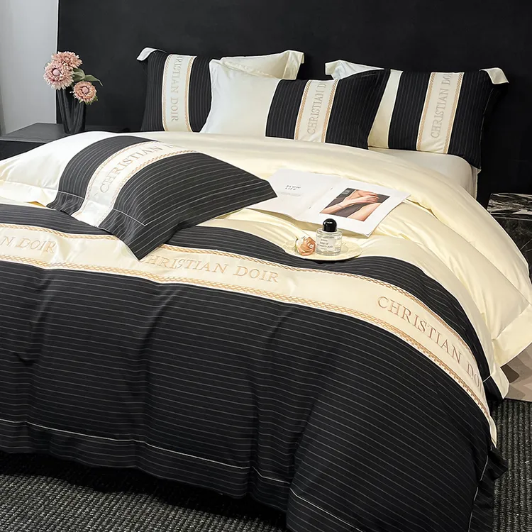 奢华高端进口100支全棉长绒棉贡缎刺绣四件套纯棉轻奢风床上用品4