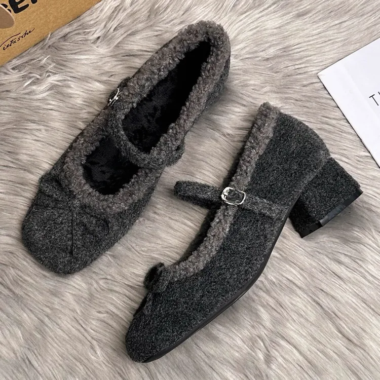 玛丽珍女5cm粗跟蝴蝶结配裙子法式毛毛鞋女外穿冬灰色加绒单鞋女