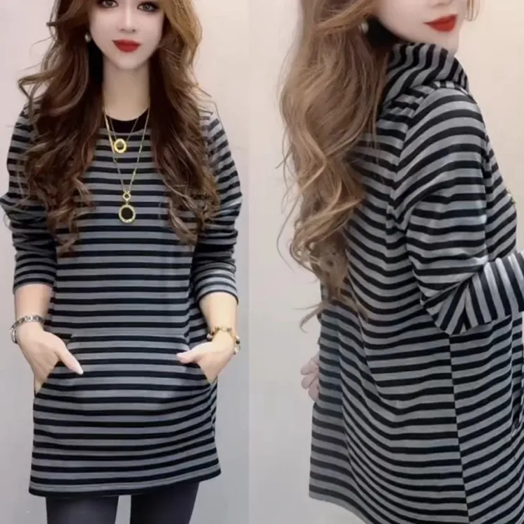 圆领外穿T恤洋气显瘦宽松大码长袖常规条纹打底上衣休闲时尚秋冬