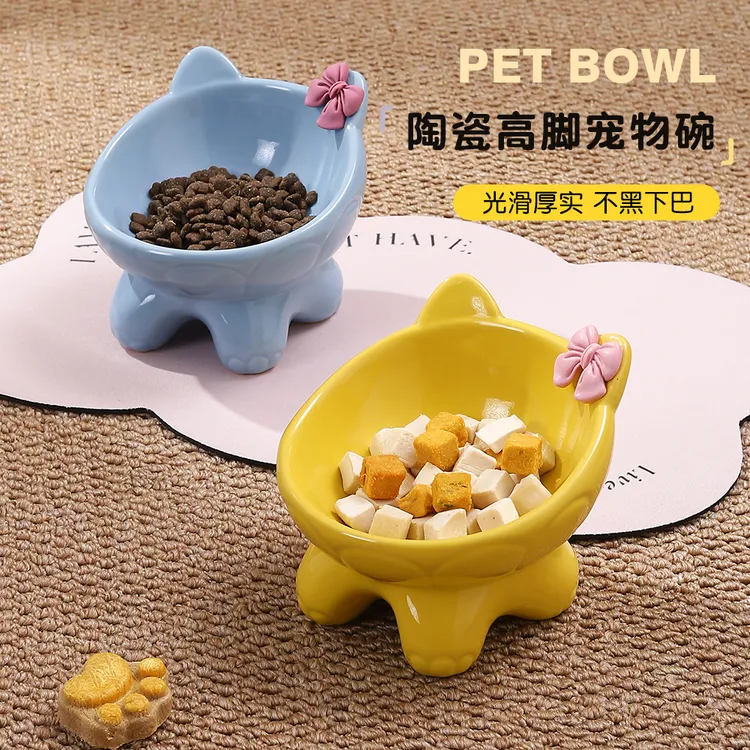 蝴蝶结宠物碗高脚护颈喝水碗防打翻猫粮碗饭碗猫咪食盆大口径护颈