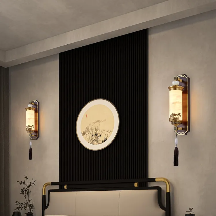 新中式别墅全铜玉石轻奢客厅背景墙沙发墙书房卧室床头灯护眼壁灯