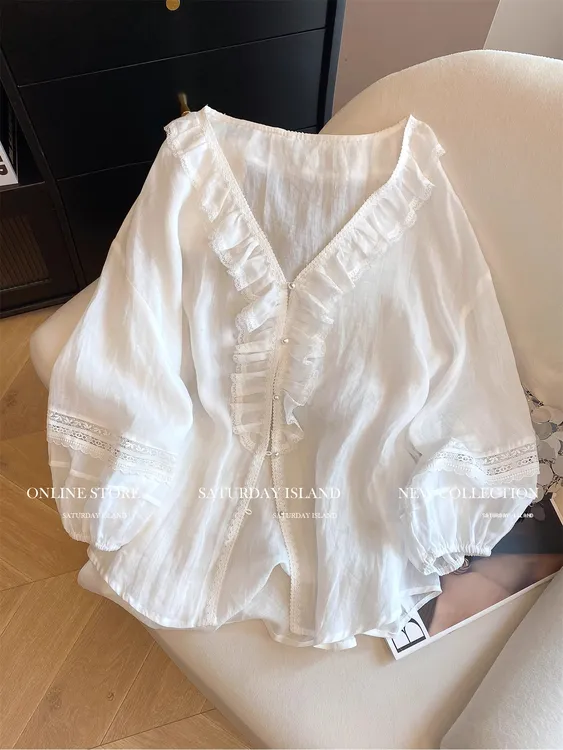 白色褶皱木耳边拼接蕾丝V领衬衫女2025秋新款高级感通勤百搭上衣