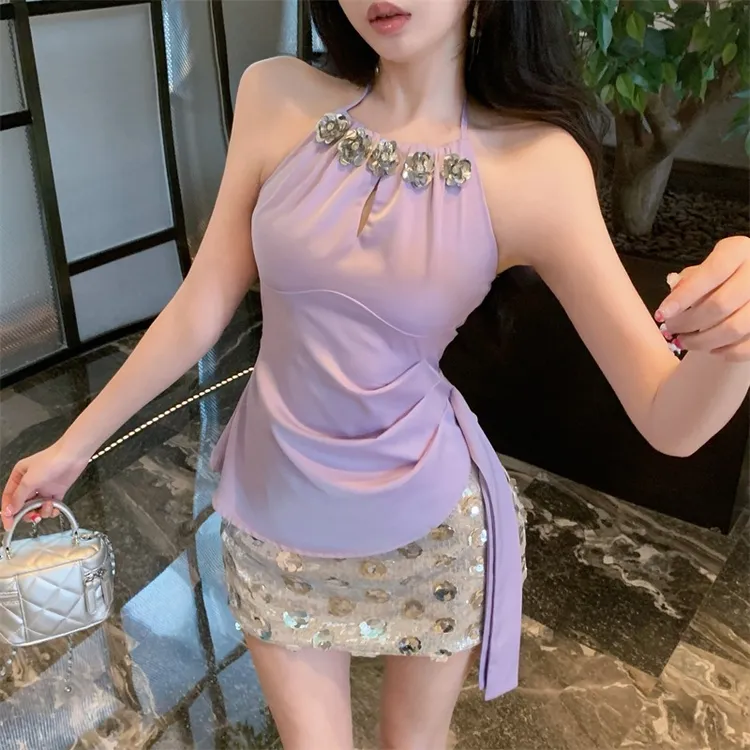 不规则亮片紫色缎面吊带背心女外穿夏泰式辣妹挂脖抹胸小上衣独特