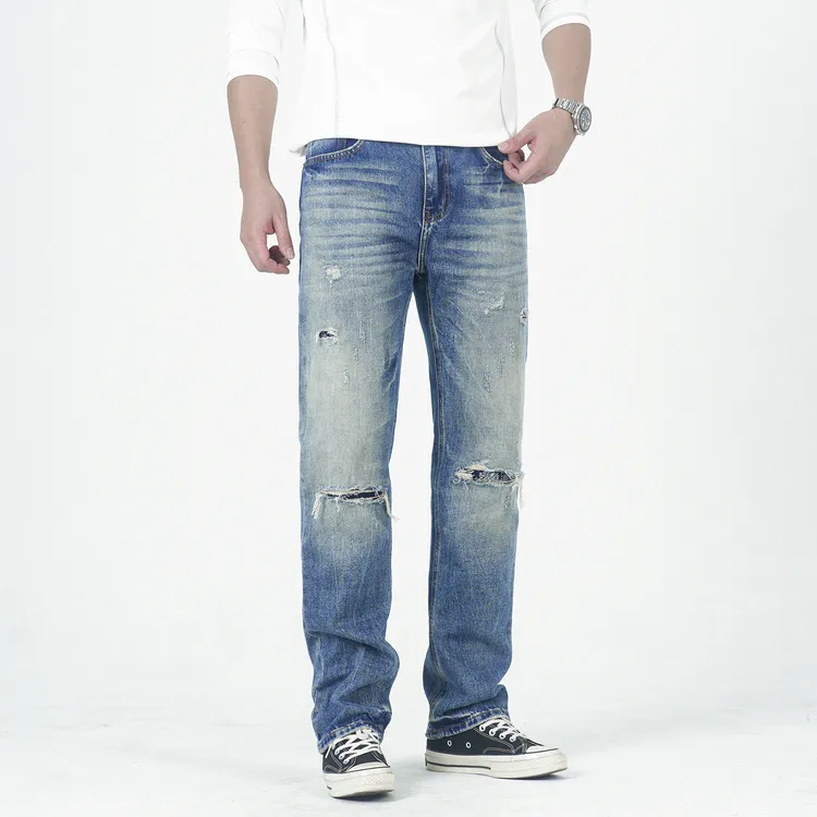 DIPAI/底牌13盎司秋冬款破洞补丁复古重工水洗美式蓝色牛仔裤男士