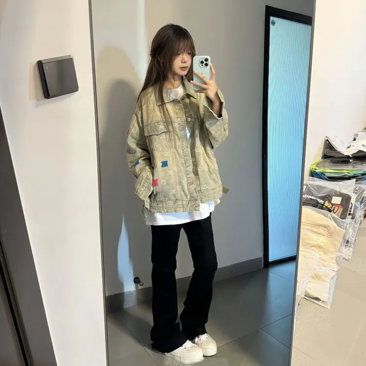 美式复古黄泥水洗做旧牛仔外套男女ins设计感潮牌街头夹克牛仔衣