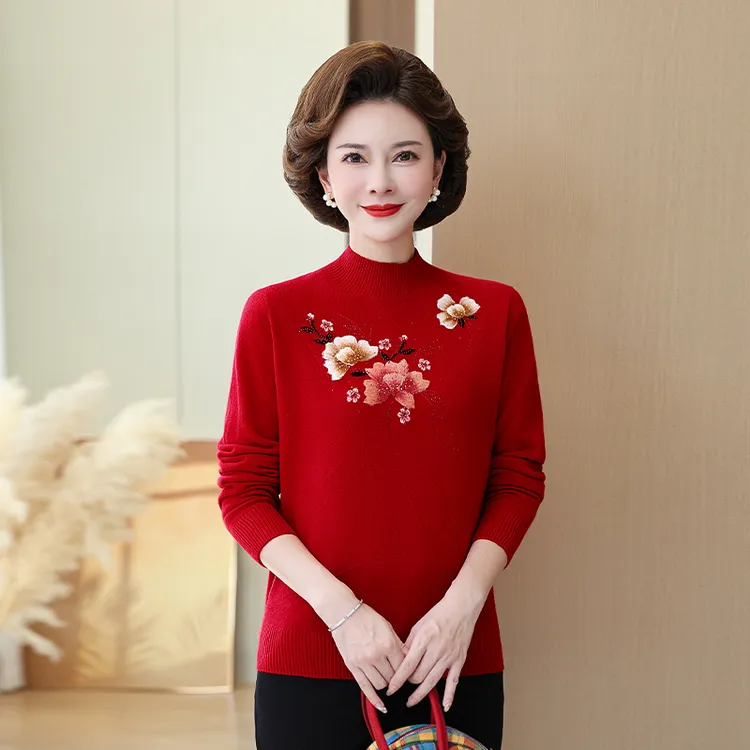 中老年女士100%纯羊毛衫半高领红色喜庆套头毛衣时尚妈妈内搭打底