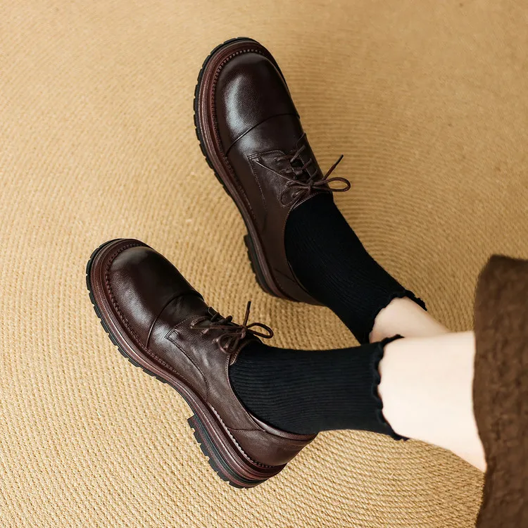 羊皮~3.5cm英伦风系带单鞋女春秋新款小皮鞋休闲百搭圆头复古深口