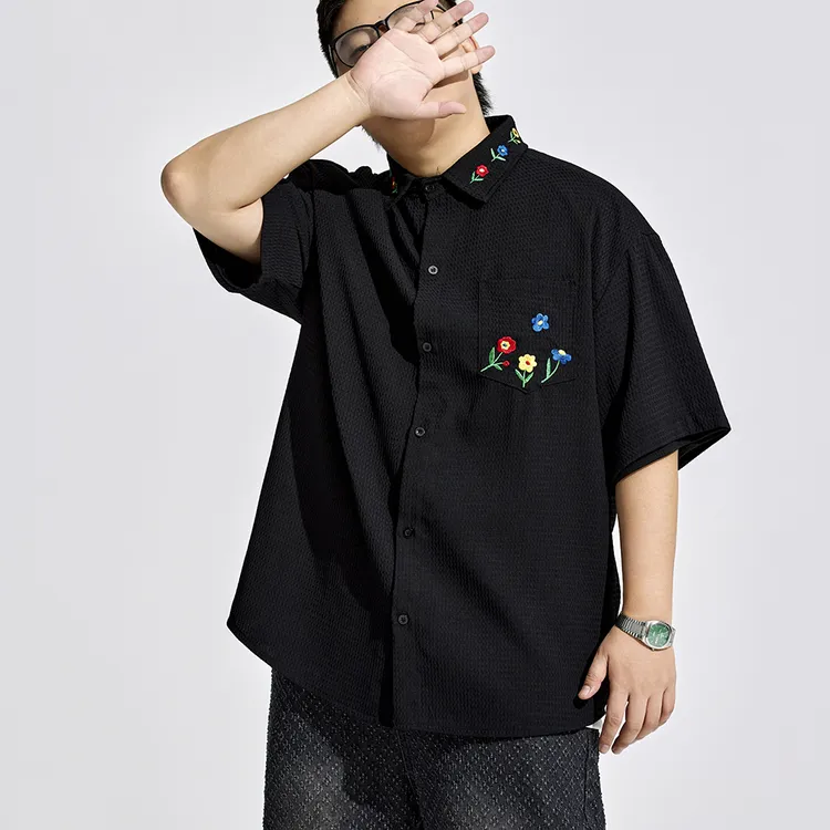 陈达浪不太胖【花儿与少年】大码男装夏季刺绣短袖衬衫胖子格子2025