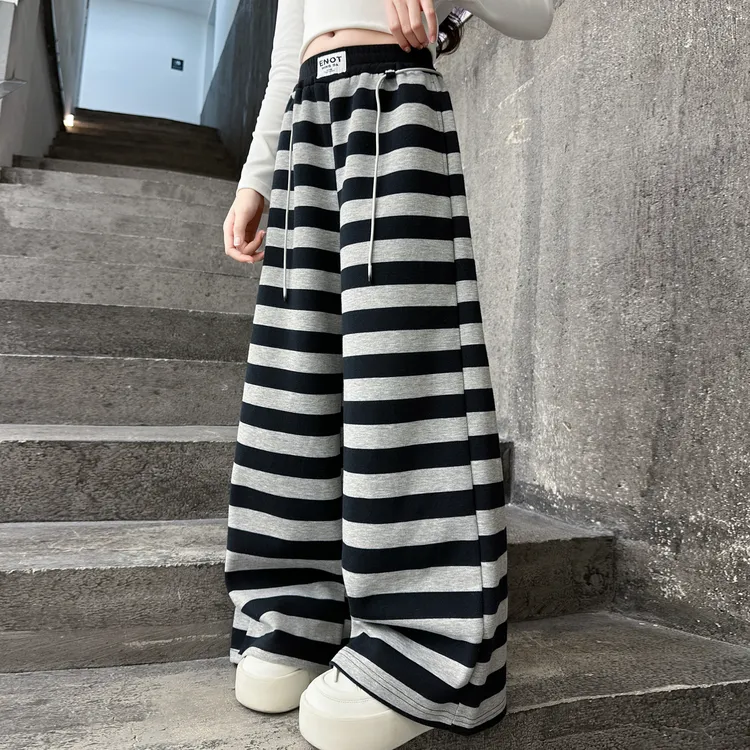 儿童秋装2025新款大女童装条纹裤子春秋款运动针织卫裤秋季直筒裤