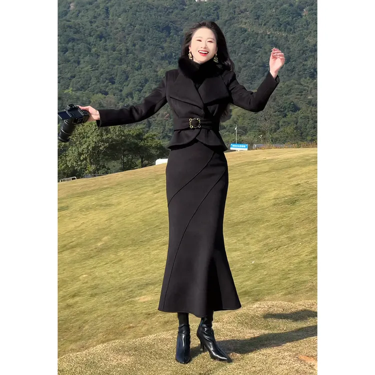 格润雅冬季女装套装2025新款女神范气质收腰外套显瘦鱼尾裙两件套