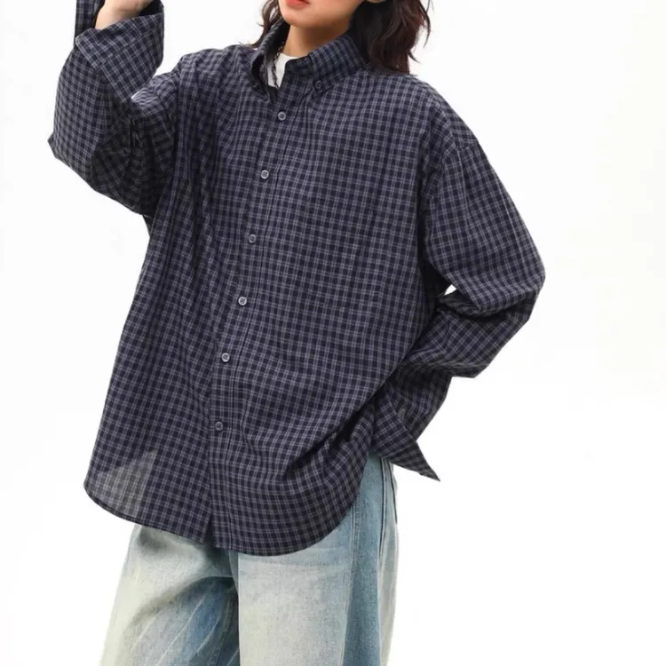 美式蓝黑色格子衬衫男女夏季宽松休闲早秋上衣长袖衬衣外套