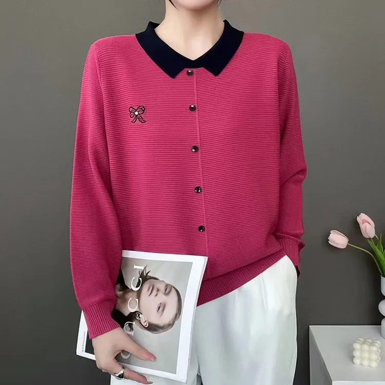 长袖POLO领单排扣洋气精致妈妈针织衫女2024秋冬新款高级感打底衫