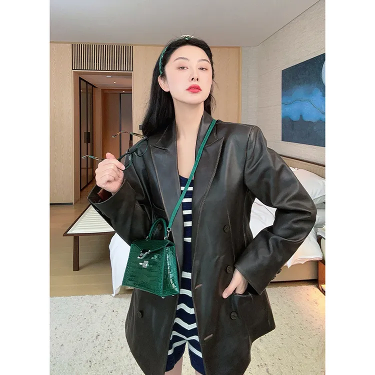 TRACY CHU 新品复古做旧风气质时尚百搭网红羊皮中性休闲穿搭外套