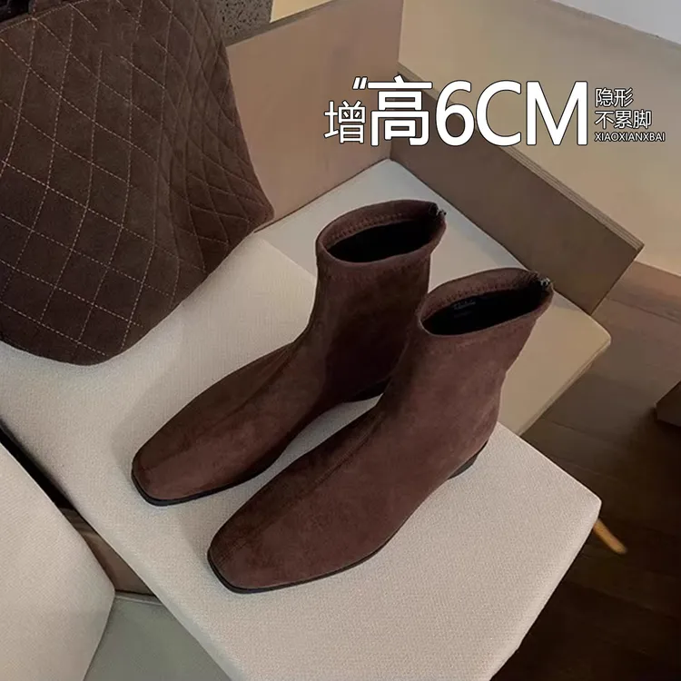 内增高6CM靴子女加绒百搭方头瘦瘦靴秋冬季法式高跟小个子小短靴